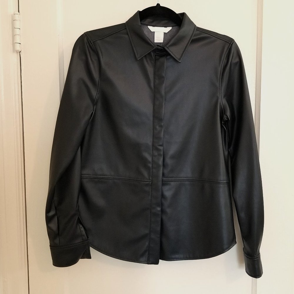 NWT H&M Women's size XS Vegan Leather Black Button-Down Shirt